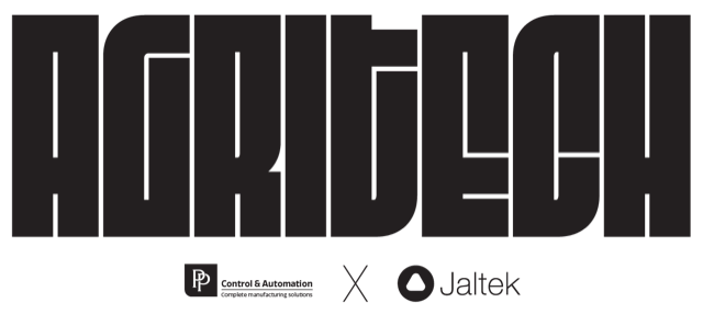 Text reading "AGRITECH" in bold, block letters. Below, there's a logo for "Controls & Automation" followed by an "X" and a logo for "Jaltek". The design is on a white background.