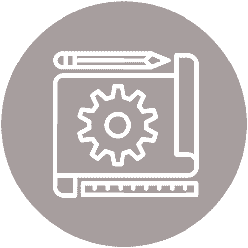 Icon of technical design: a rolled-up blueprint with a gear symbol, a pencil on top, and a ruler at the bottom, all in white on a gray circular background.