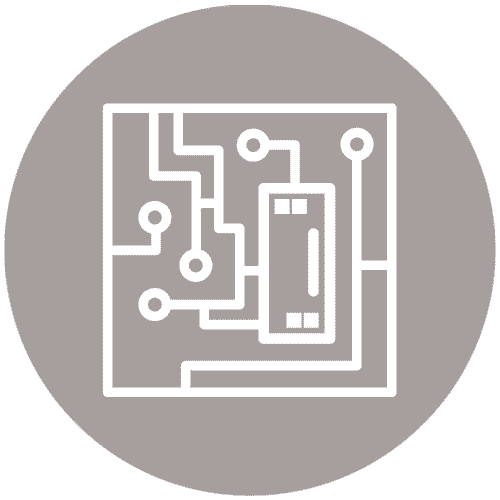 Icon of a computer circuit on a circular gray background. The circuit features lines connecting various points, resembling a circuit board design with a central rectangular component.