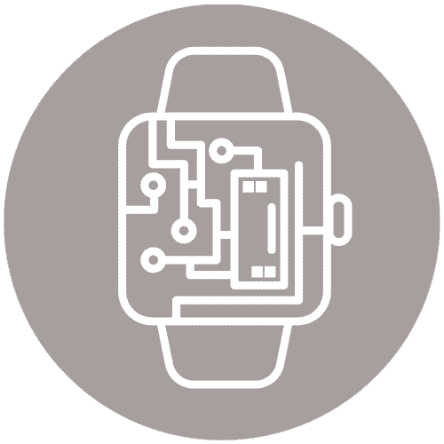 Icon of a smartwatch with a circuit design on its face, placed against a gray circular background. The design symbolizes technology and connectivity.