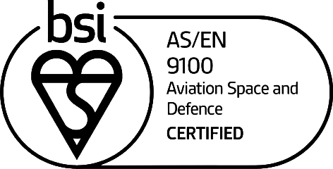 Black and white BSI certification logo with the text "AS/EN 9100 Aviation Space and Defence CERTIFIED" inside a rounded rectangle.