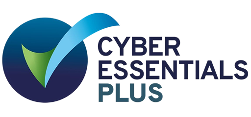 Cyber Essentials Plus logo featuring a blue and green check mark on a dark blue circular background, with the words "Cyber Essentials Plus" in bold, dark and light blue text to the right.