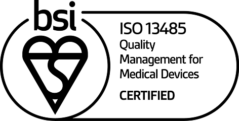 Black and white logo with "bsi" above a heart-shaped symbol. Text reads: "ISO 13485 Quality Management for Medical Devices CERTIFIED.
