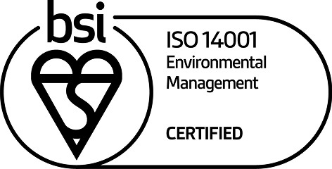 Black and white logo with "bsi" above a heart-shaped symbol. Text reads: "ISO 14001 Environmental Management CERTIFIED." This indicates certification in environmental management standards.