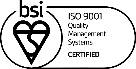 Black and white logo featuring the BSI heart symbol on the left and the text "ISO 9001 Quality Management Systems CERTIFIED" on the right, indicating certification in quality management.