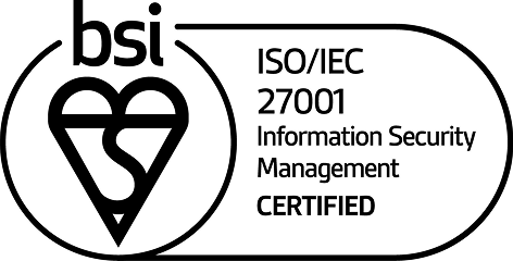 Black and white logo showing the BSI heart symbol and text: "ISO/IEC 27001 Information Security Management CERTIFIED." This indicates certification for information security management standards.