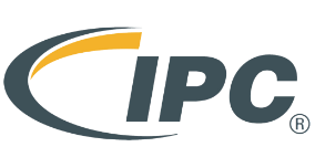 Logo of IPC, featuring the letters "IPC" in bold, dark gray font. An arc, partially yellow and gray, curves around the left side of the letters.